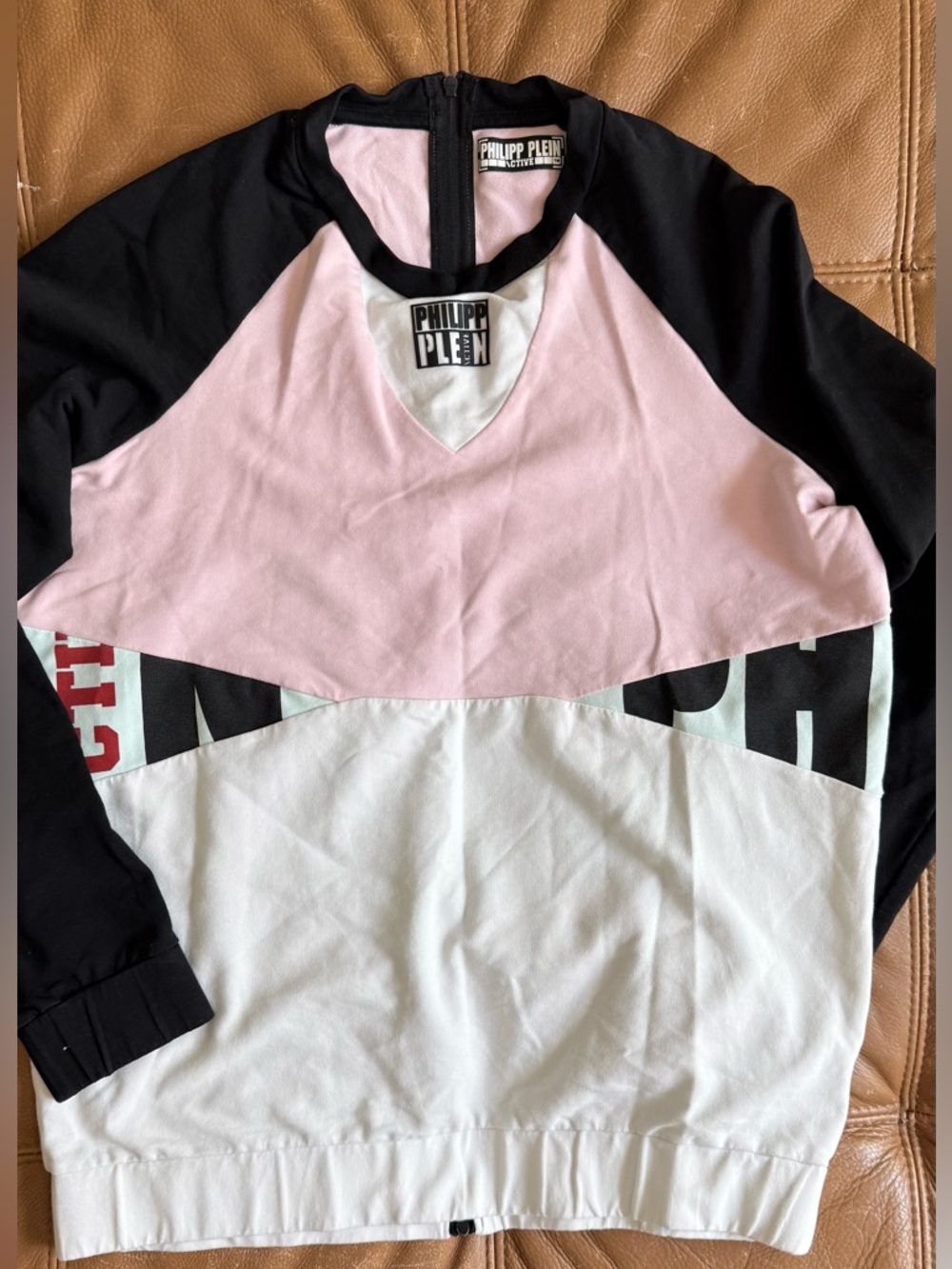 Philipp Plein Pink, White & Black Colorblock V-Neck Pullover sweatshirt M